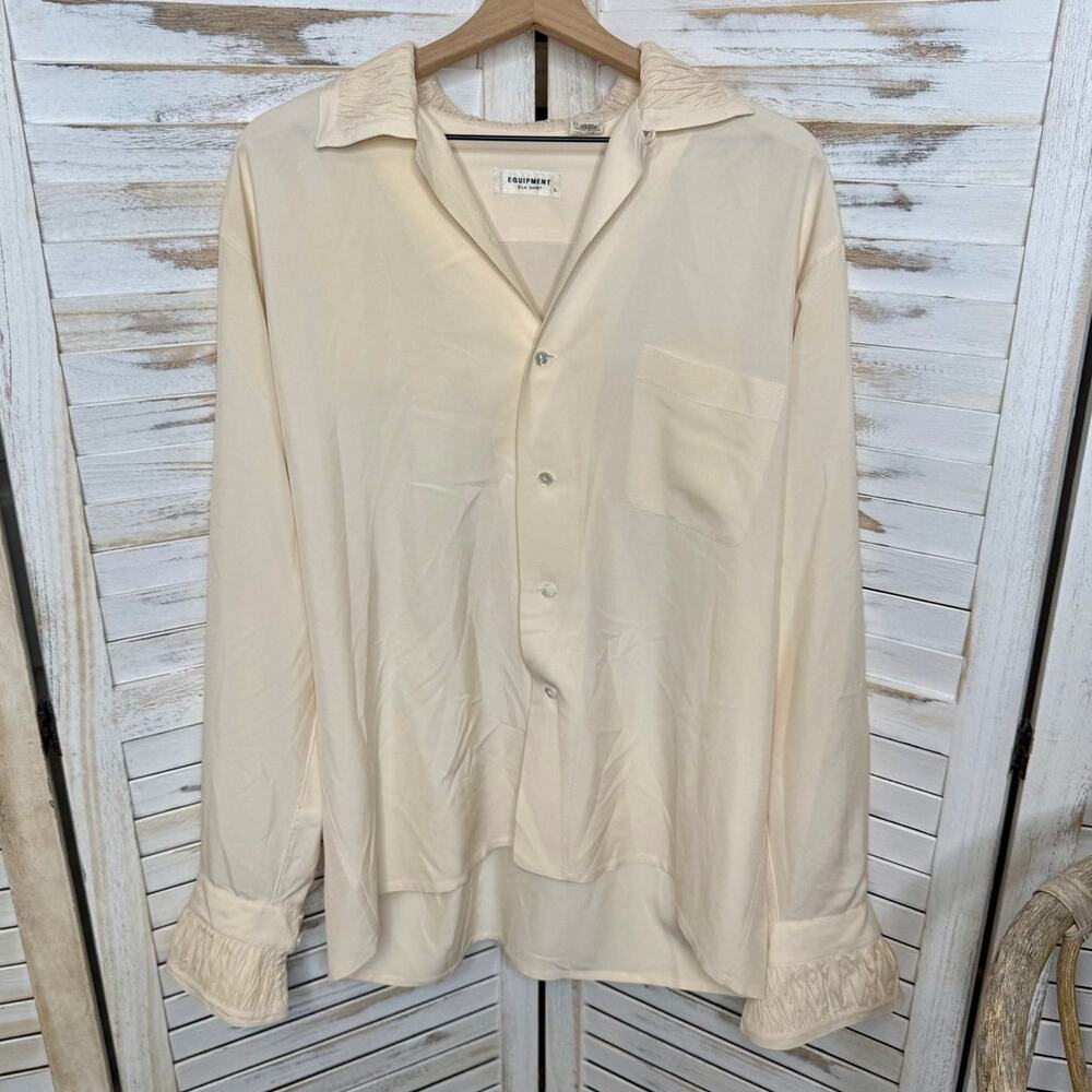VINTAGE EQUIPMENT Women's The Original Silk Shirt Ruffle Detail Button Top Cream